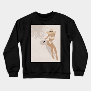 Woman, Girl, On the beach, Under palm, Hat, Boho style art, Mid century art Crewneck Sweatshirt